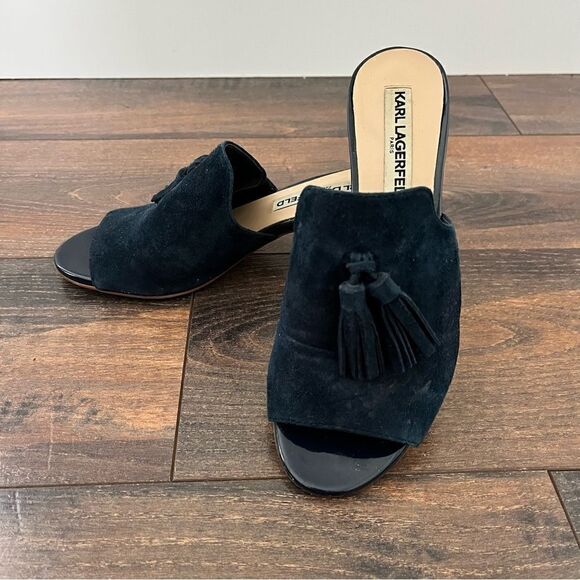 Karl Lagerfeld Paris Blue Suede Hettie Tassel Slip On Mule Heel Size 5.5 - Picture 1 of 12